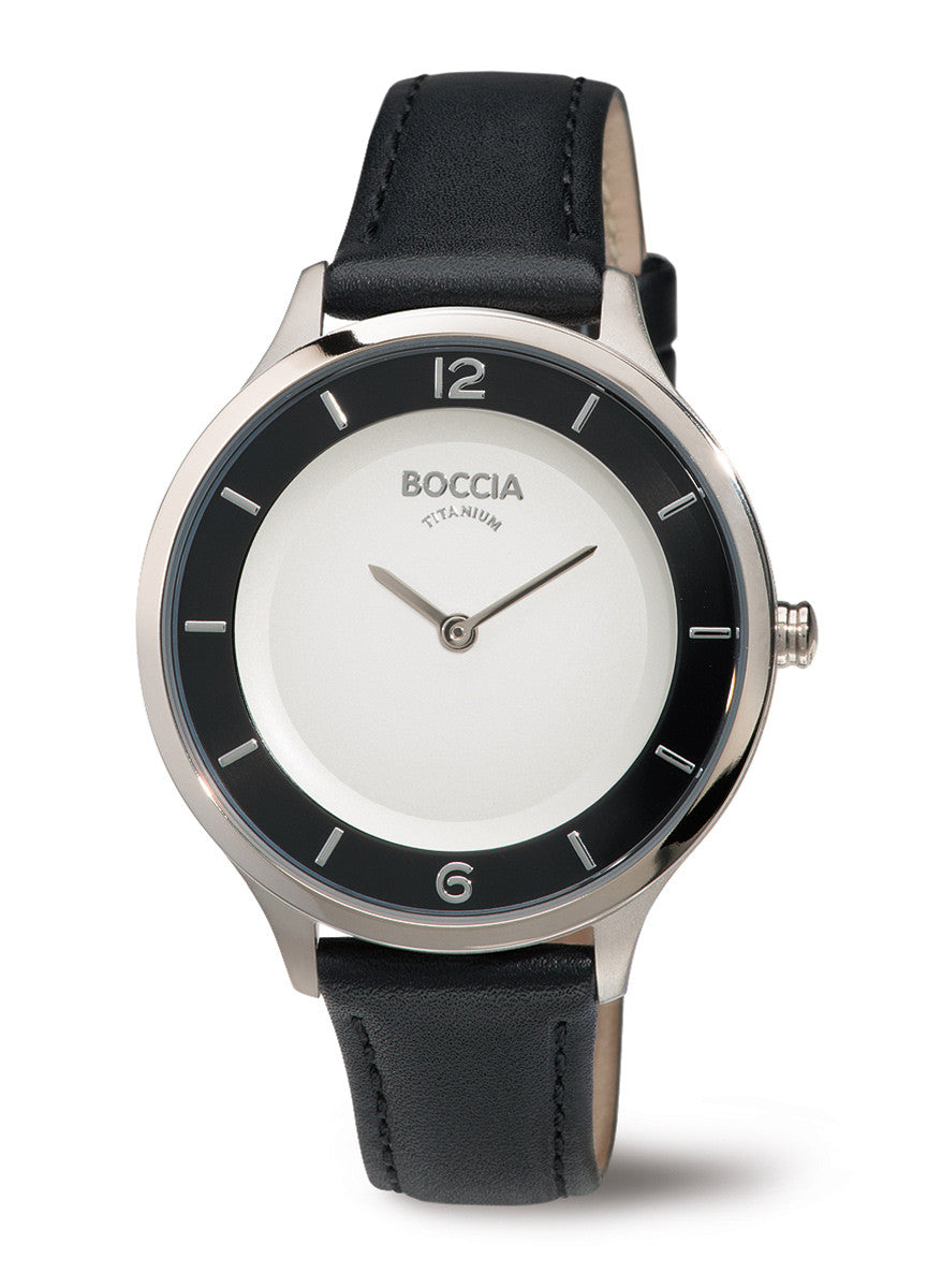 boccia-3249-01-damen-titanuhr-37-mm-schwarz-wei-mit-lederband image 2